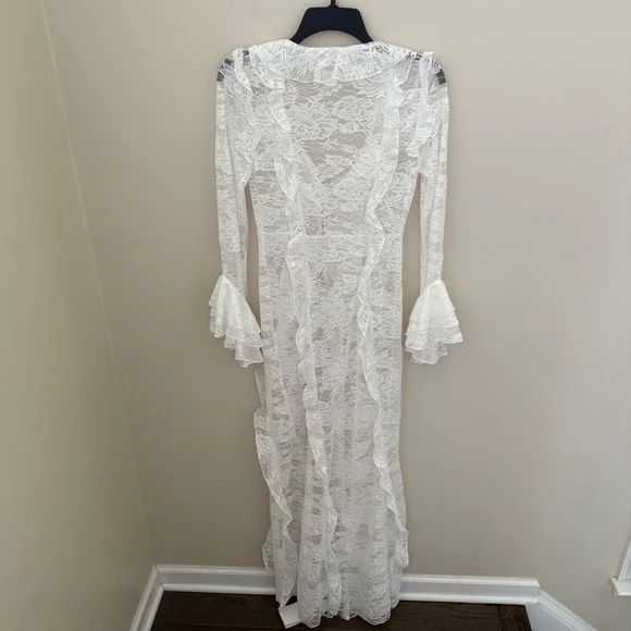 Women’s White Long Sleeve Ruffle Sheer Lace Maxi Dress Top Kimono - Picture 11 of 13